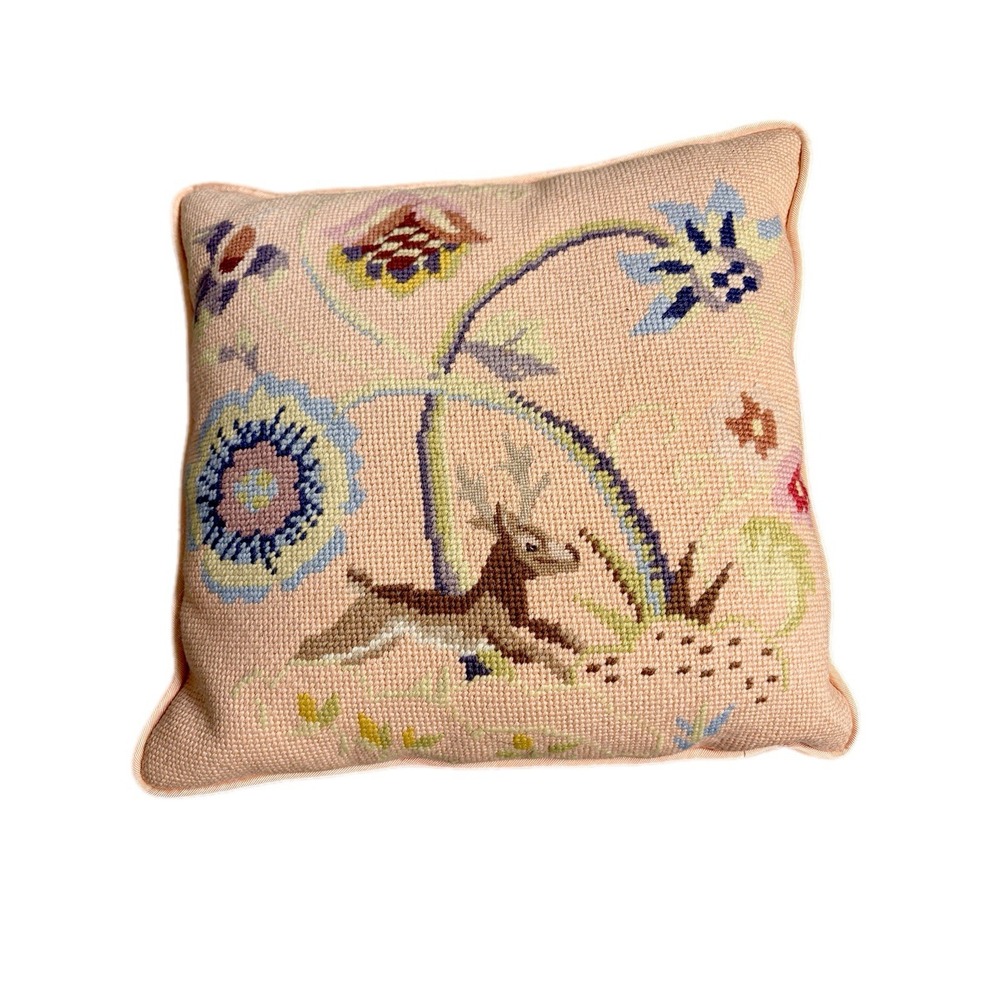 Vintage Floral Stag Peach Pillow Cross-stitch Cottagecore Heritage Decor Style - Picture 7 of 8